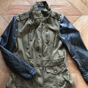 BCBG Utility Jacket in Olive & Black Leather